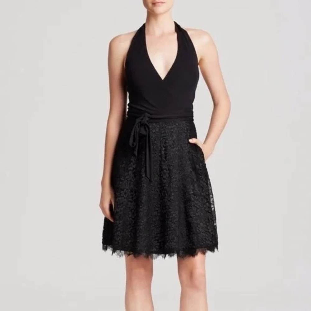 DVF Black Wrap Amelia Halter Dress Sleeveless Lace Cocktail Party V neck 4